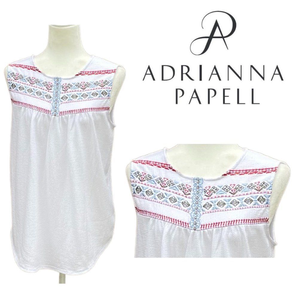 NWT! Adrianna Papell White Red Blue Crinkle Embroidered Tank